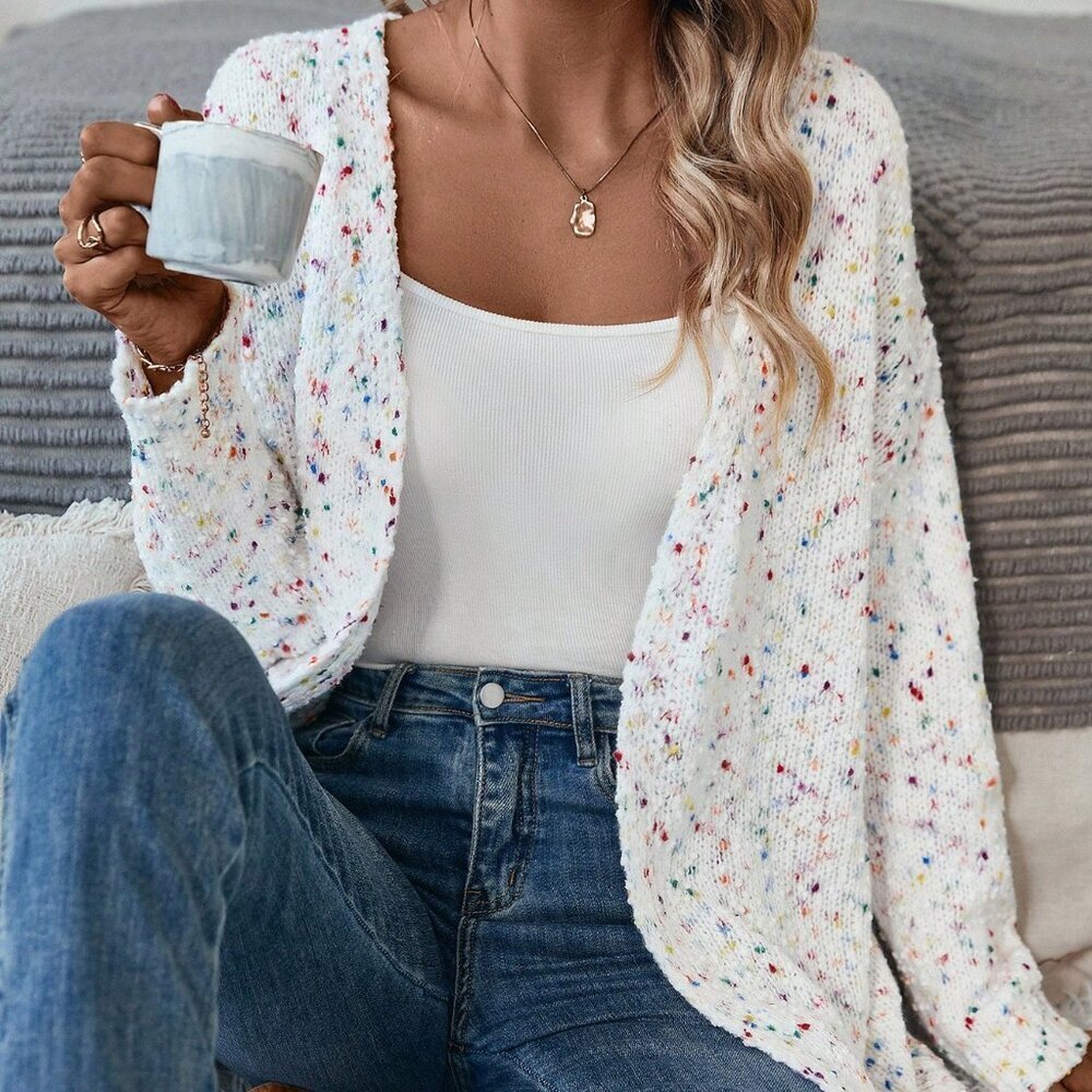 White Casual Women's Knit Drop Shoulder Long Sleeve Duster Cardigan